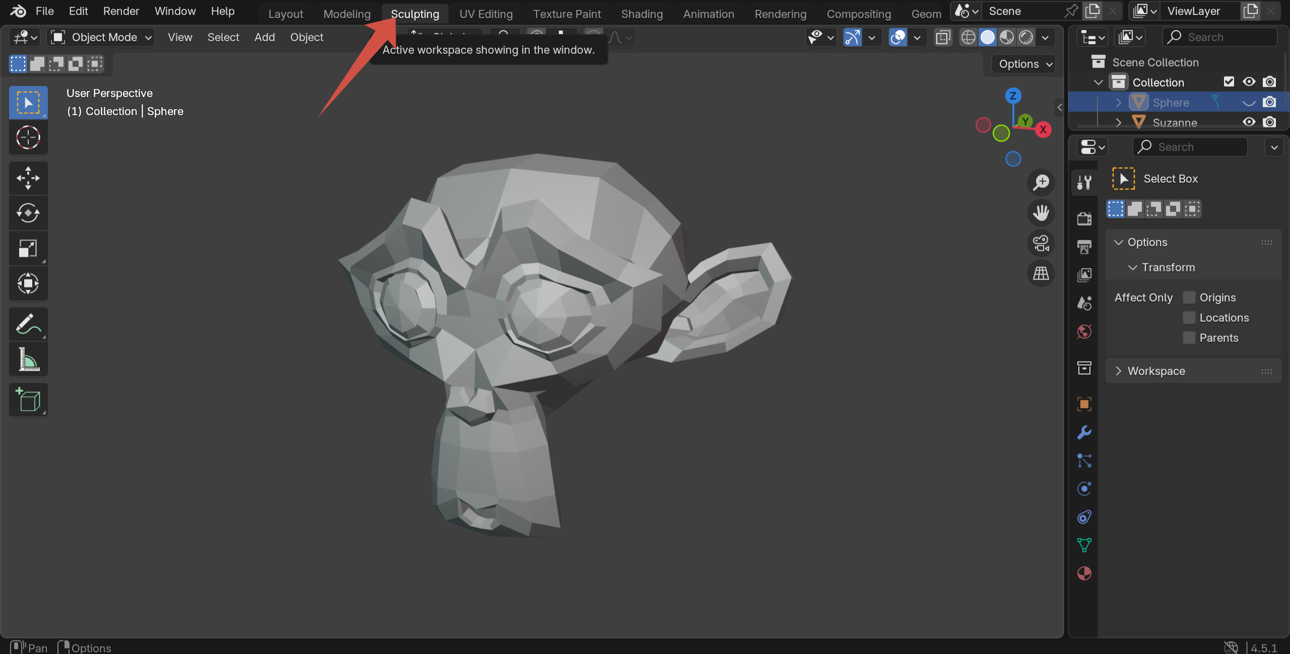 Step 2: switch to the Sculpting workspace in Blender