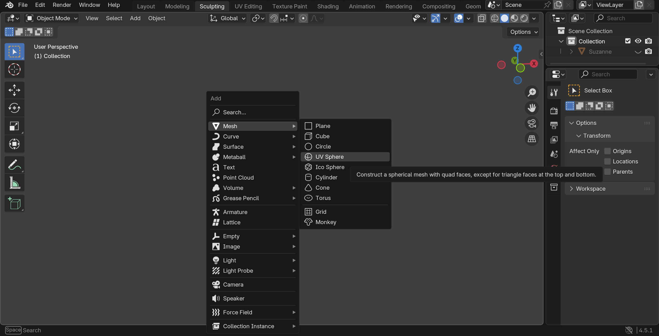 Step 3: add a UV sphere for Blender sculpting practice