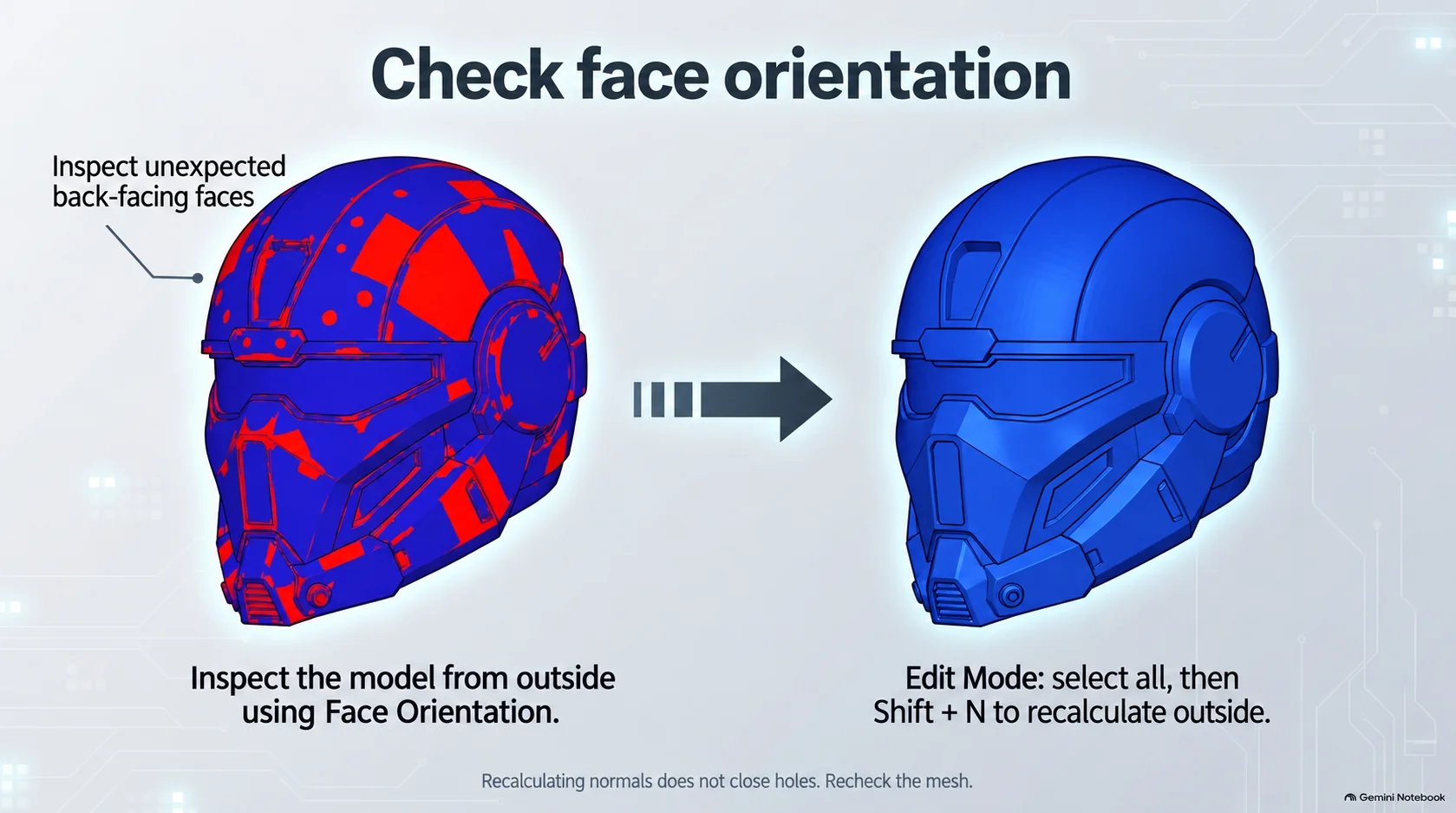 Concept comparison of mixed face directions and consistent outward-facing surfaces on a helmet.