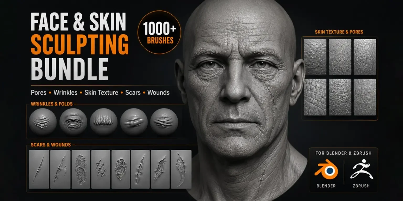 VK GameDev Face and Skin Sculpting Bundle showing pores, wrinkles and scar examples.