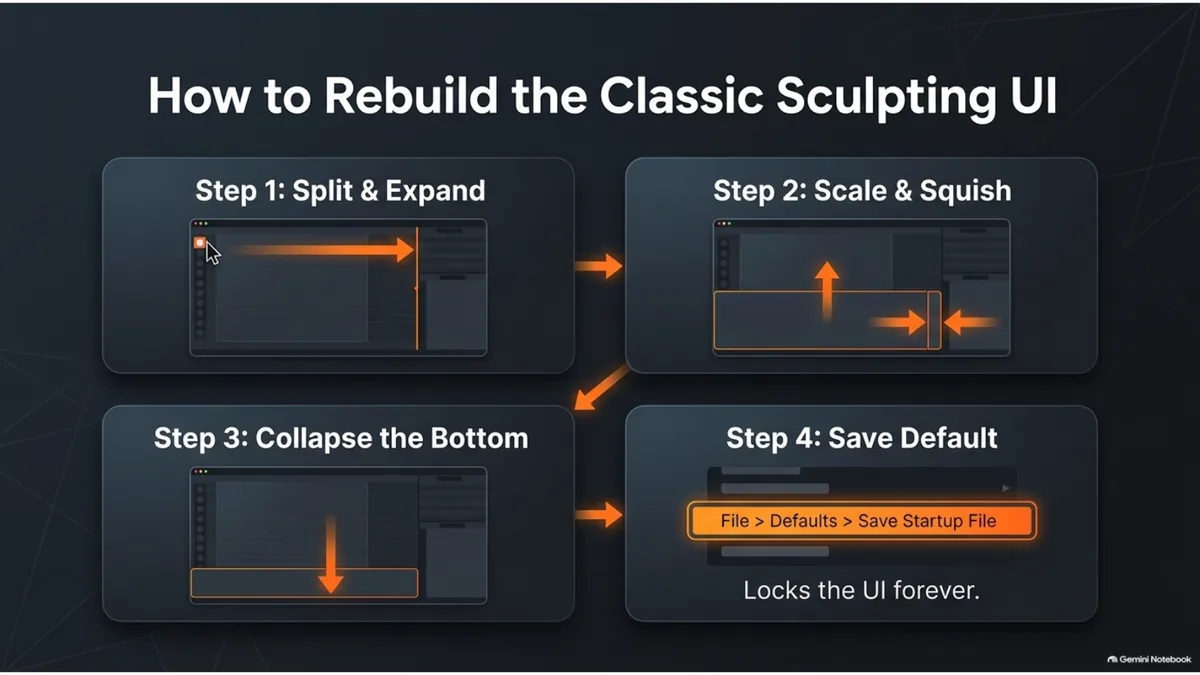Blender 4.3 Sculpt Mode setup showing classic sculpting UI steps