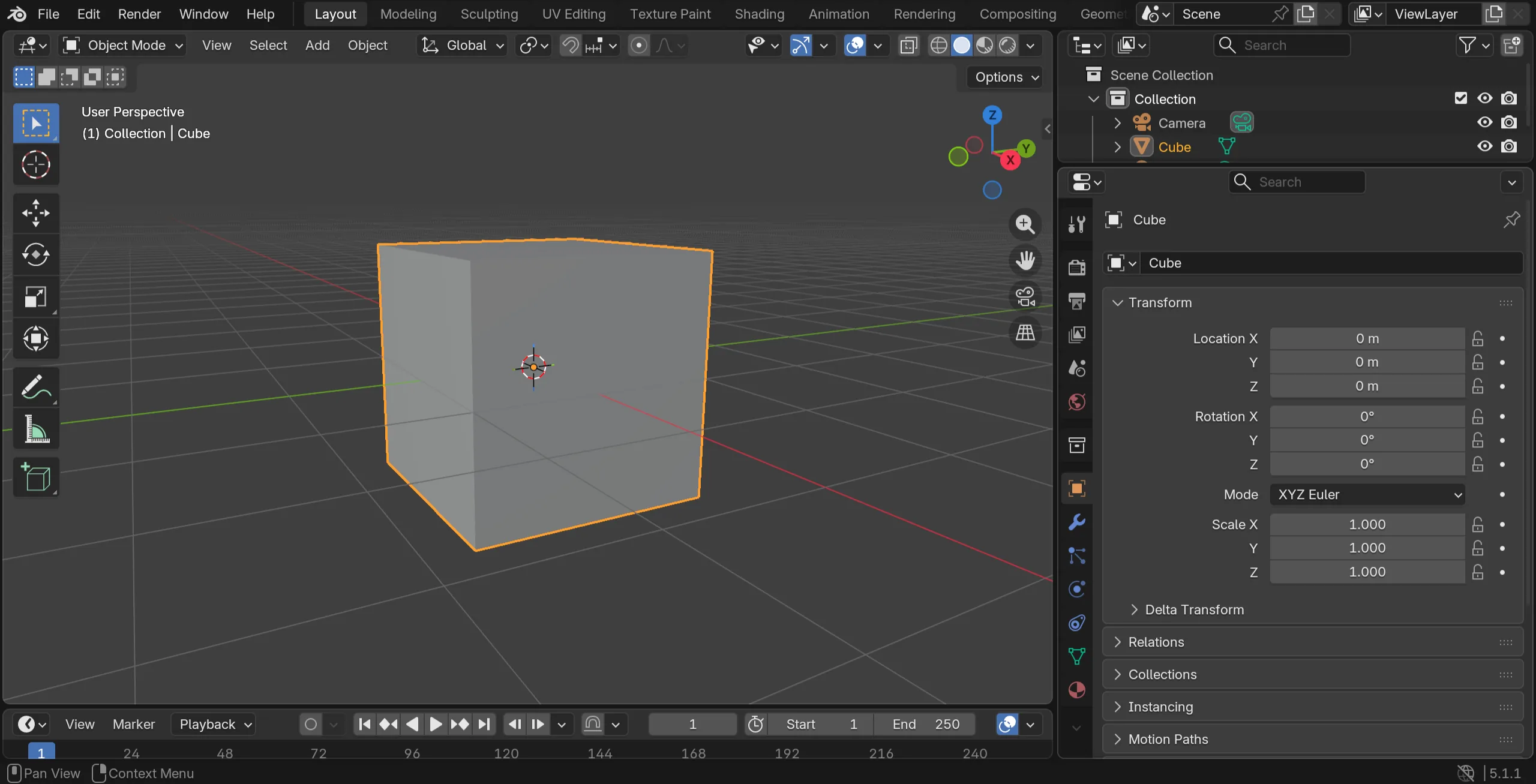 Default Blender interface with workspace tabs, 3D viewport, and Properties panel