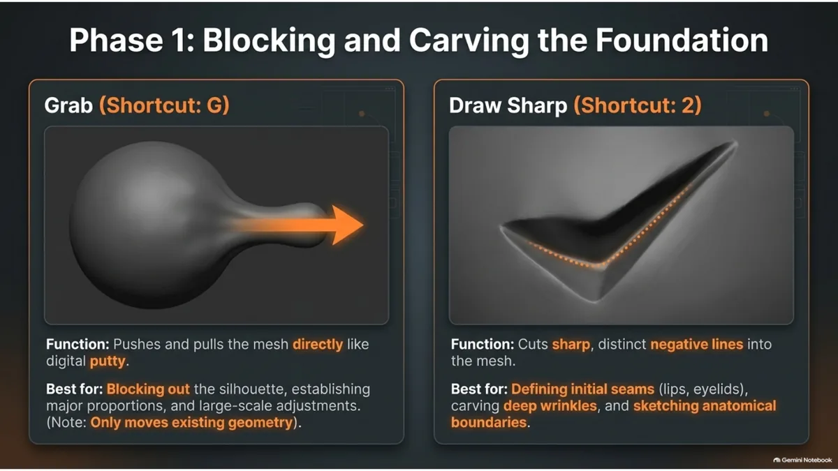 Blender sculpting phase one with Grab and Draw Sharp for blocking and carving