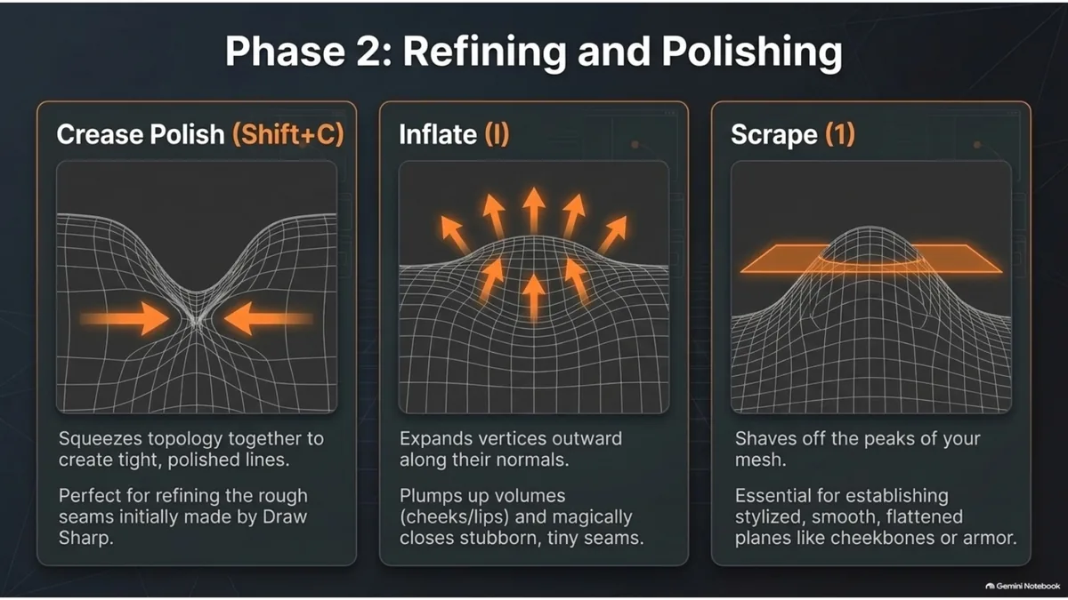 Blender sculpting phase two with Crease, Inflate and Scrape for refining and polishing