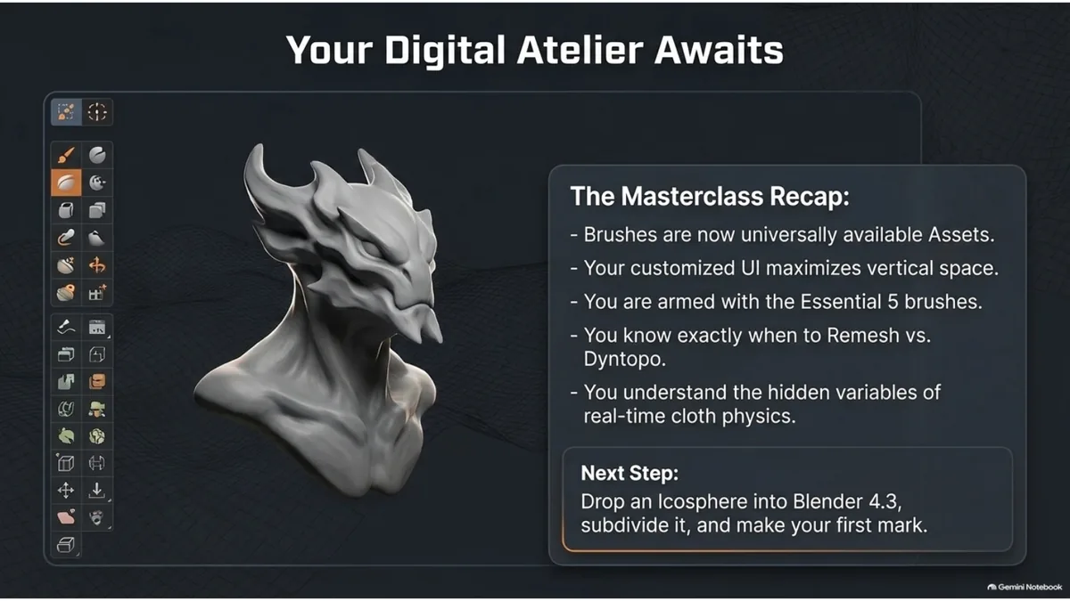 Blender 4.3 sculpting masterclass recap with toolbar, brush assets and Remesh reminder