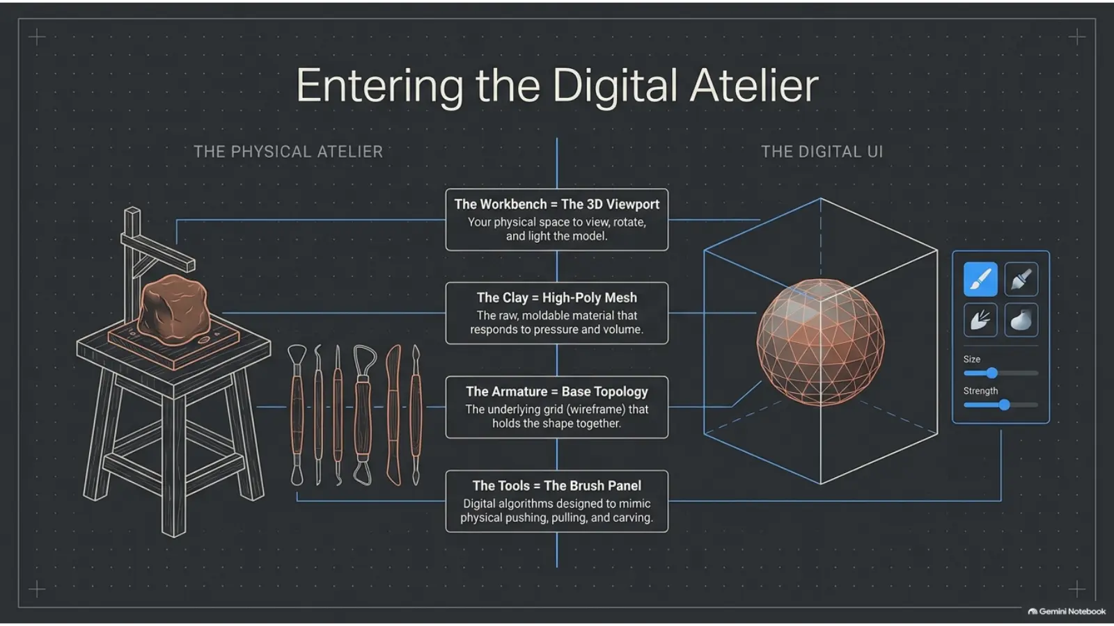 Physical atelier compared with Blender digital sculpting UI