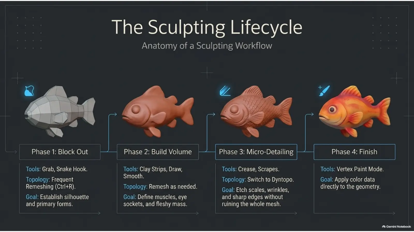 Four phase Blender sculpting lifecycle from blockout to finish