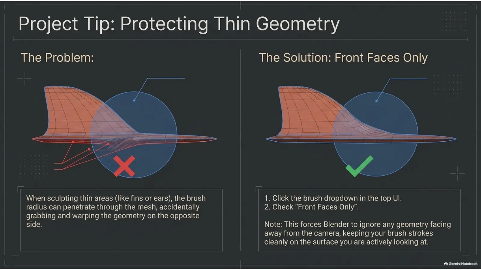 Blender Front Faces Only setting protects thin sculpted geometry