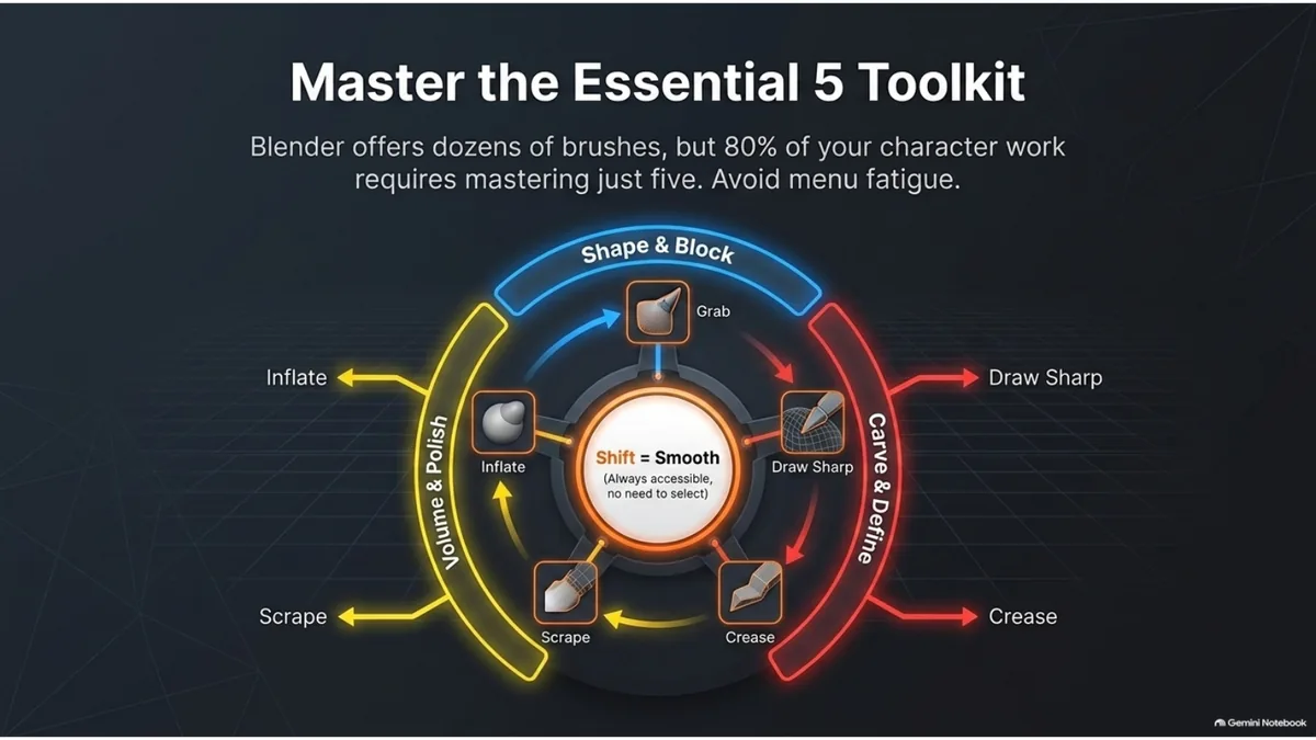 Blender 4.3 essential sculpting toolkit with Grab, Draw Sharp, Crease, Inflate and Scrape