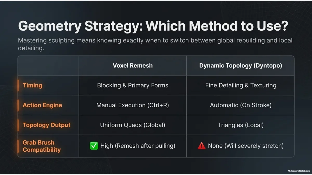 Blender geometry strategy table comparing Voxel Remesh and Dynamic Topology