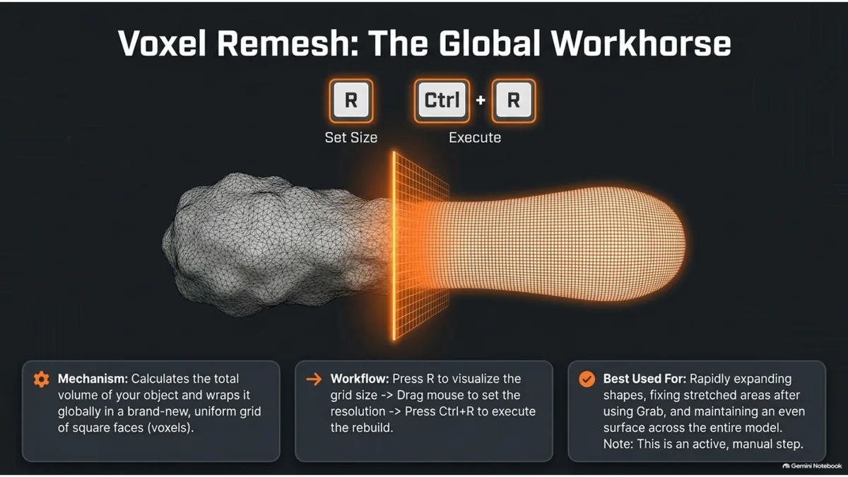 Blender Voxel Remesh slide showing R to set size and Ctrl R to execute
