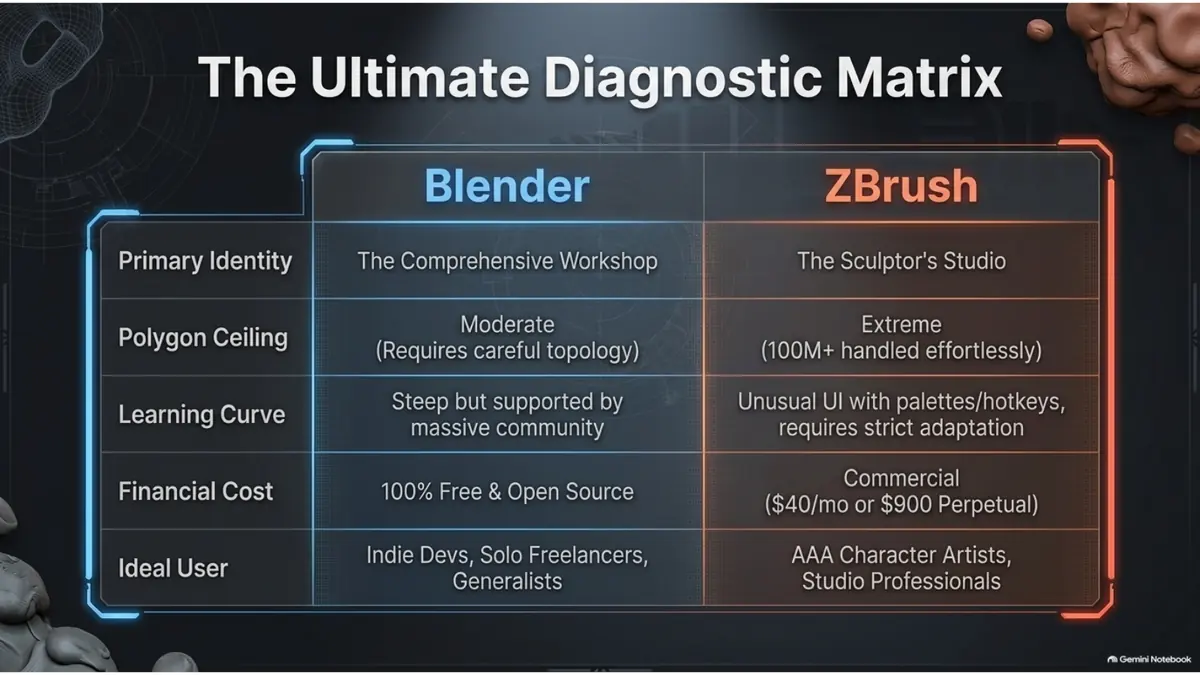 Blender vs ZBrush diagnostic matrix for choosing sculpting software