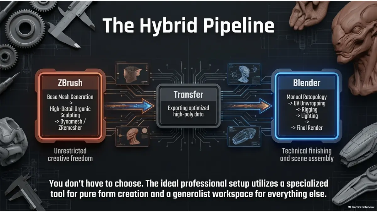 Hybrid pipeline using ZBrush for sculpting and Blender for finishing