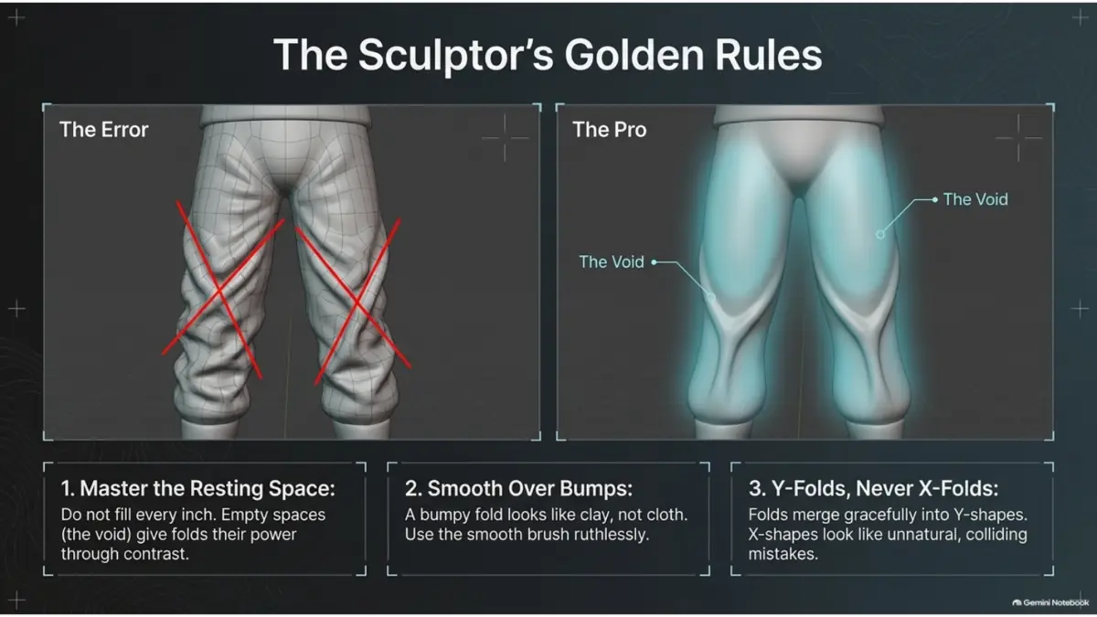 Cloth sculpting mistakes including X folds bumps and missing resting areas