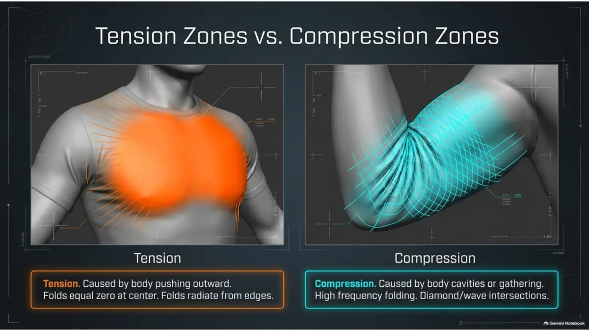 Tension and compression zones controlling clothing folds on a character