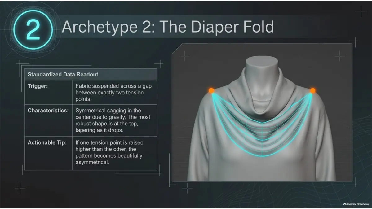 Diaper fold sculpting reference between two tension points