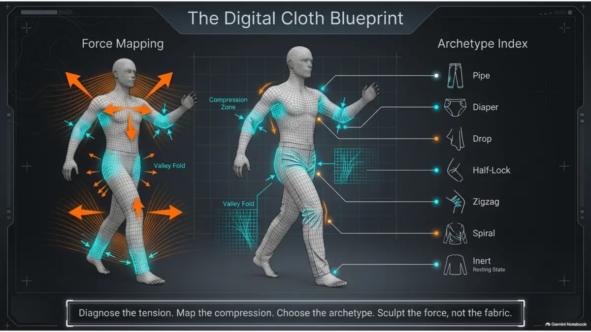 Complete digital cloth blueprint mapping forces and clothing fold types on a character