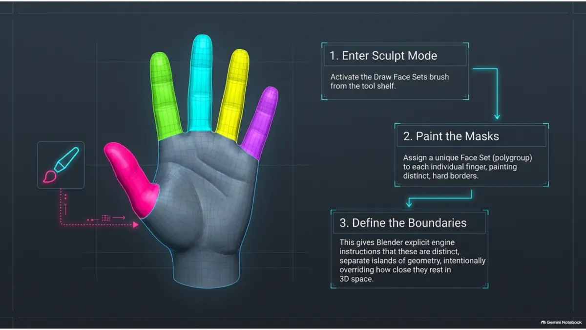 Different Blender Face Sets painted on each finger before Voxel Remesh