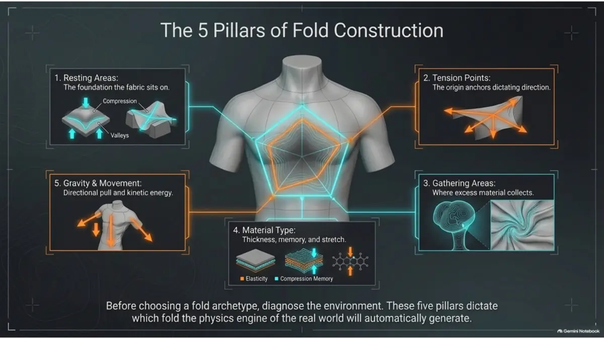 Five pillars of clothing fold construction including anchor points gravity and material