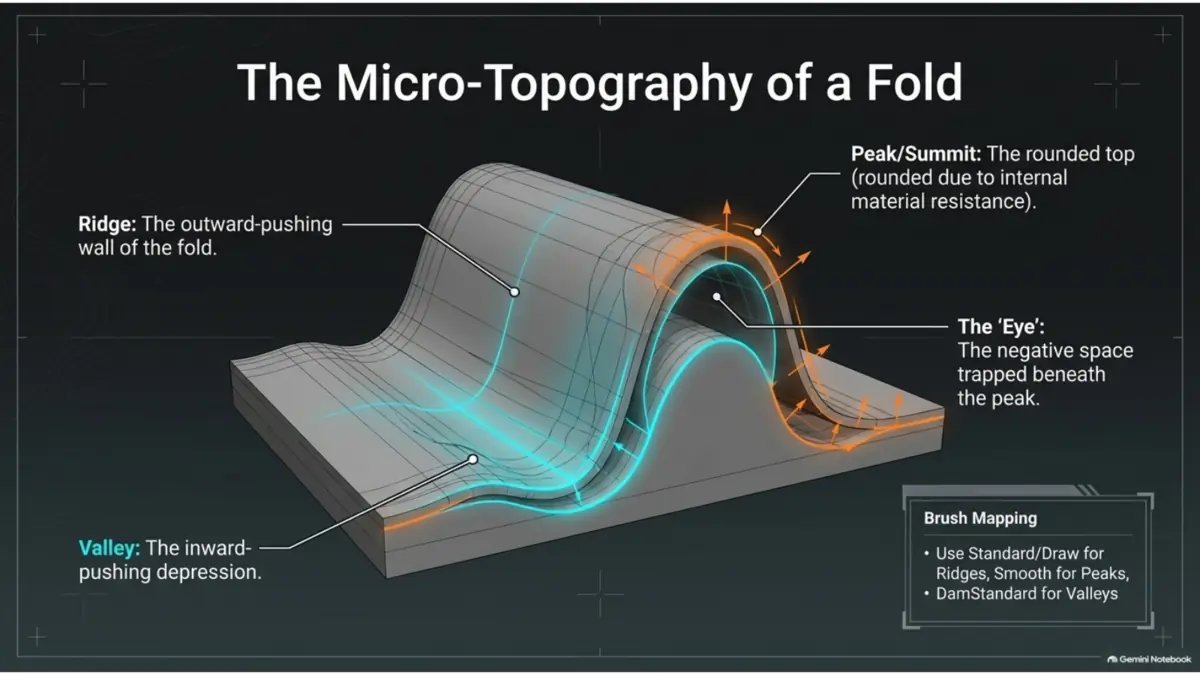 Peak ridge valley and eye anatomy of a sculpted clothing fold