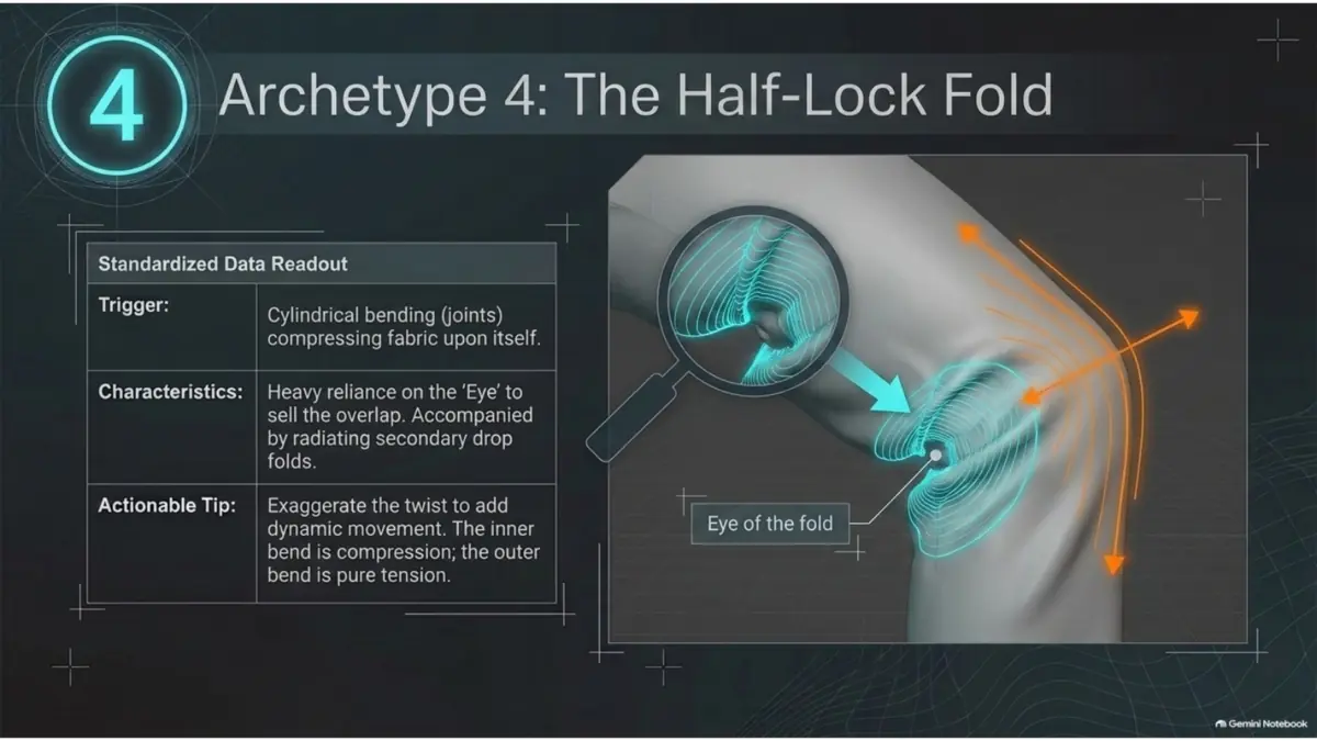 Half-lock fold sculpting reference at a bent elbow