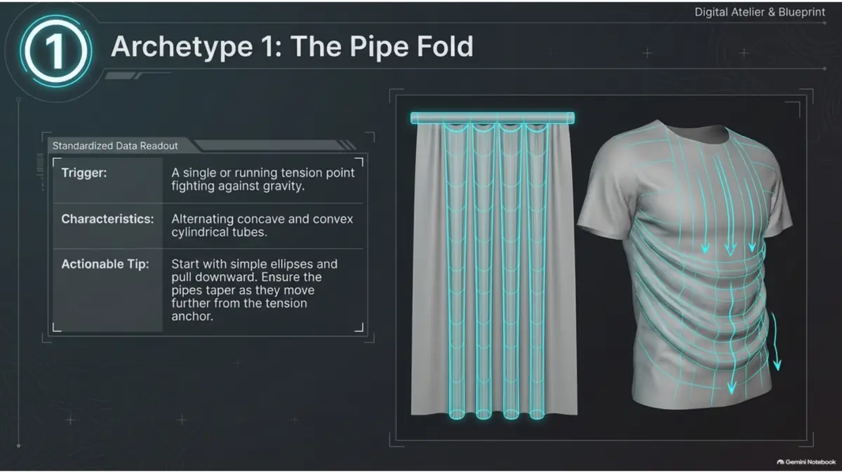 Pipe fold sculpting reference for hanging cloth