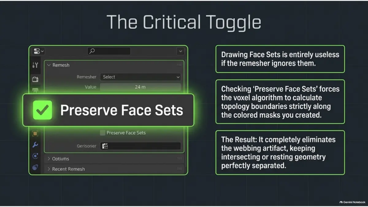 Blender Preserve Face Sets option highlighted in Voxel Remesh settings