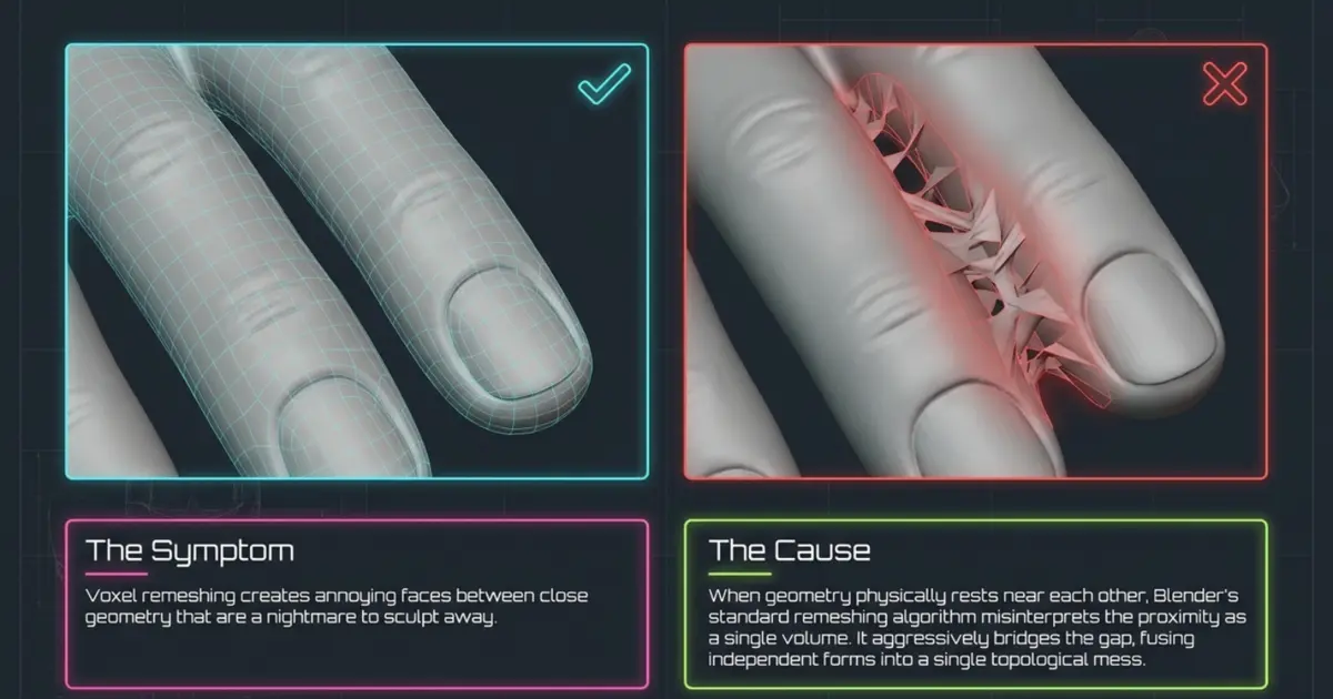 Blender Voxel Remesh webbing between fingers compared with a clean narrow gap