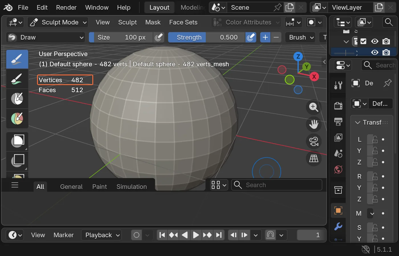 Blender statistics overlay showing low vertex count in sculpt mode