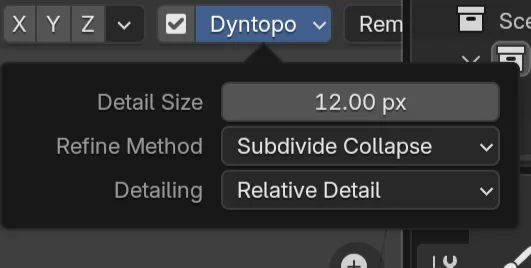 Blender dyntopo dropdown with detail size settings