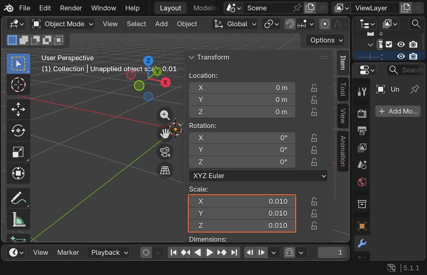 Unapplied object scale shown in the Blender N-panel before sculpting