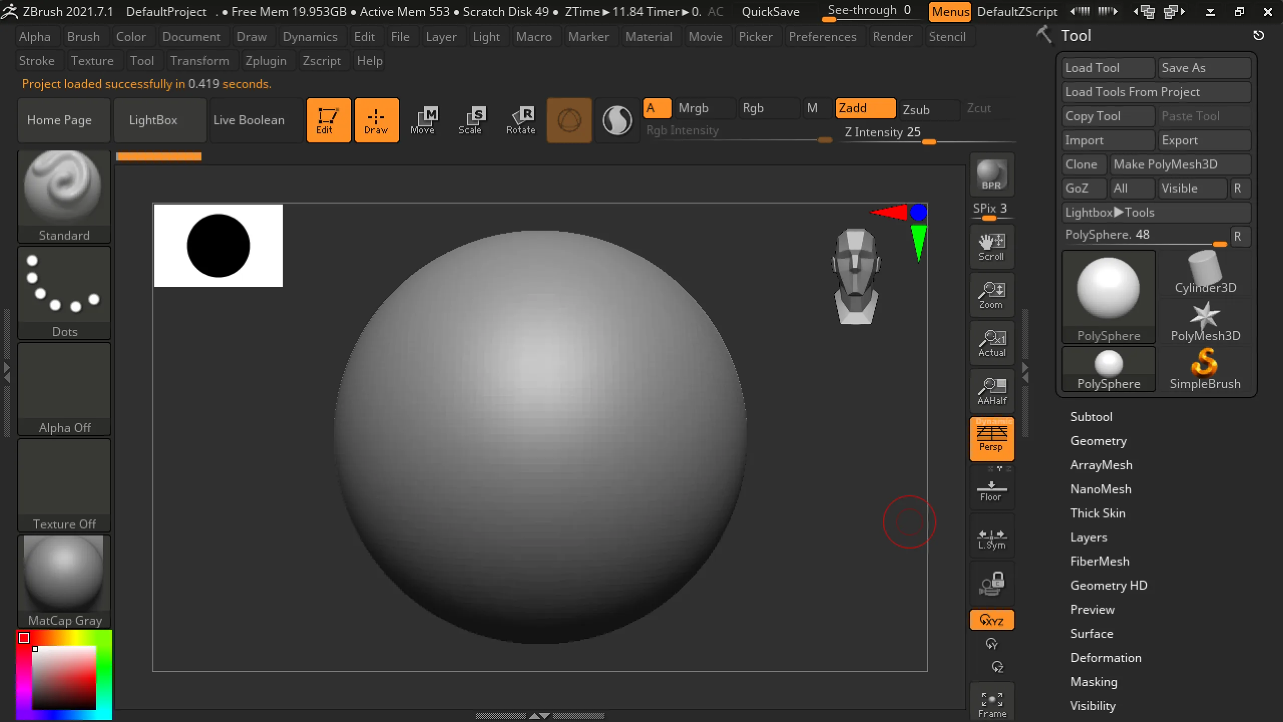 Default ZBrush interface with Tool palette, brush alphas, and canvas viewport