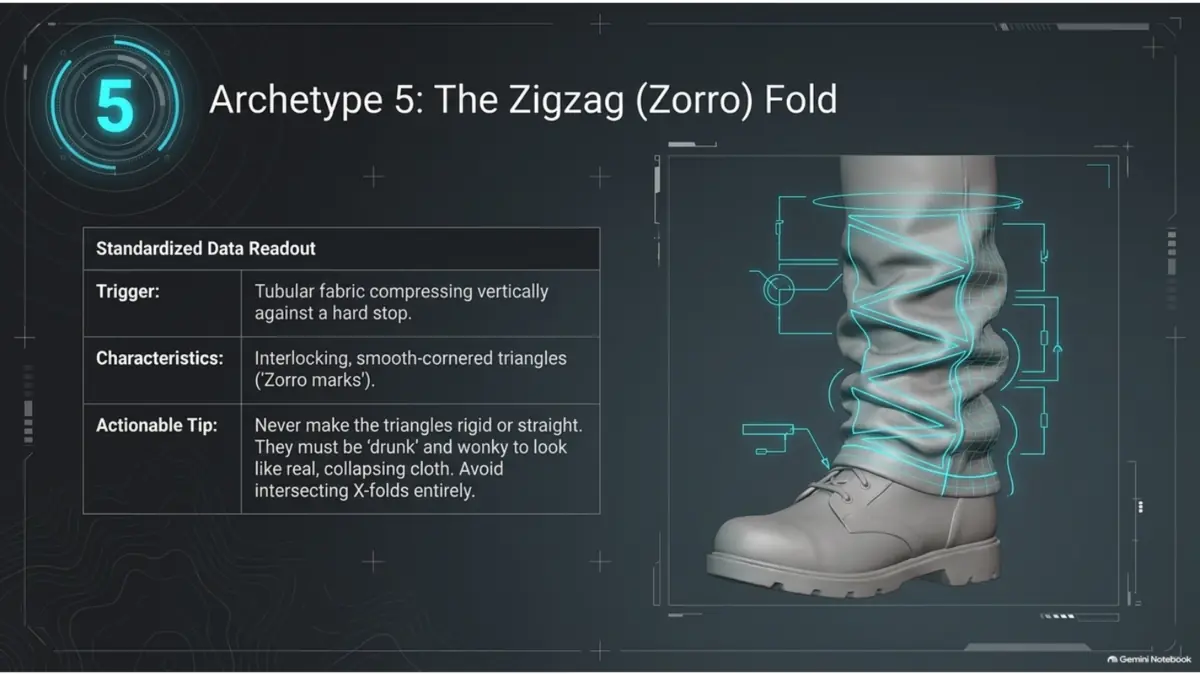 Zigzag clothing fold reference around a compressed trouser leg