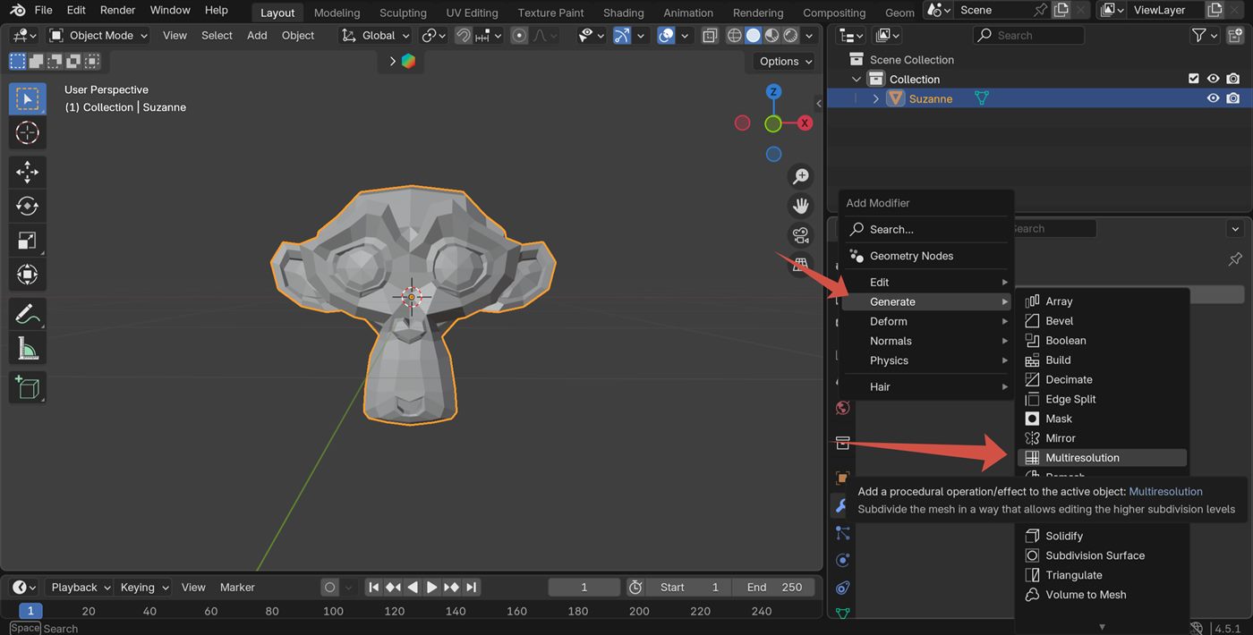 Adding the Multires modifier in Blender