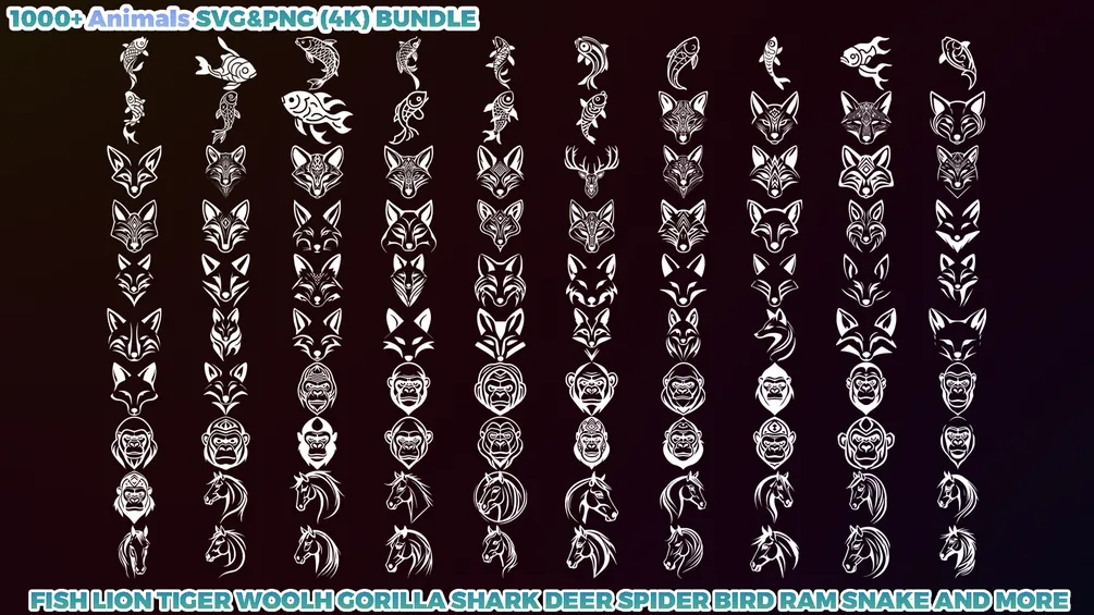 1000+ Animals SVG & PNG Bundle - Hand-Drawn Alphas Clipart for Digital Artists & Designers (Dragon, Wolf, Fish, Horse, Eagle, Bear and more) preview 5