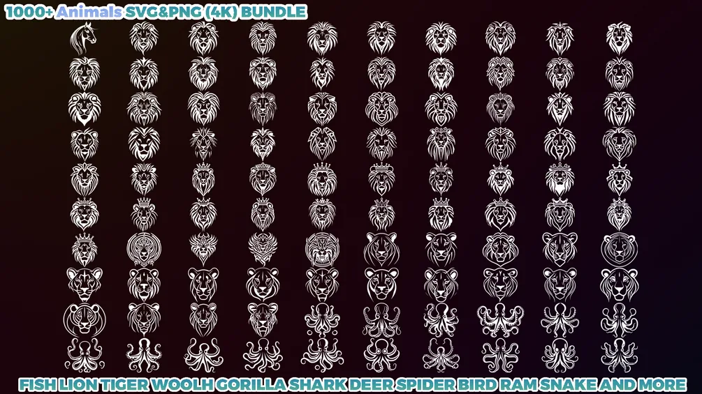 1000+ Animals SVG & PNG Bundle - Hand-Drawn Alphas Clipart for Digital Artists & Designers (Dragon, Wolf, Fish, Horse, Eagle, Bear and more) preview 6