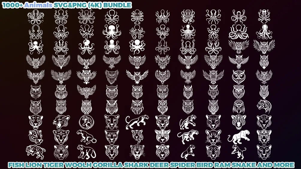 1000+ Animals SVG & PNG Bundle - Hand-Drawn Alphas Clipart for Digital Artists & Designers (Dragon, Wolf, Fish, Horse, Eagle, Bear and more) preview 7