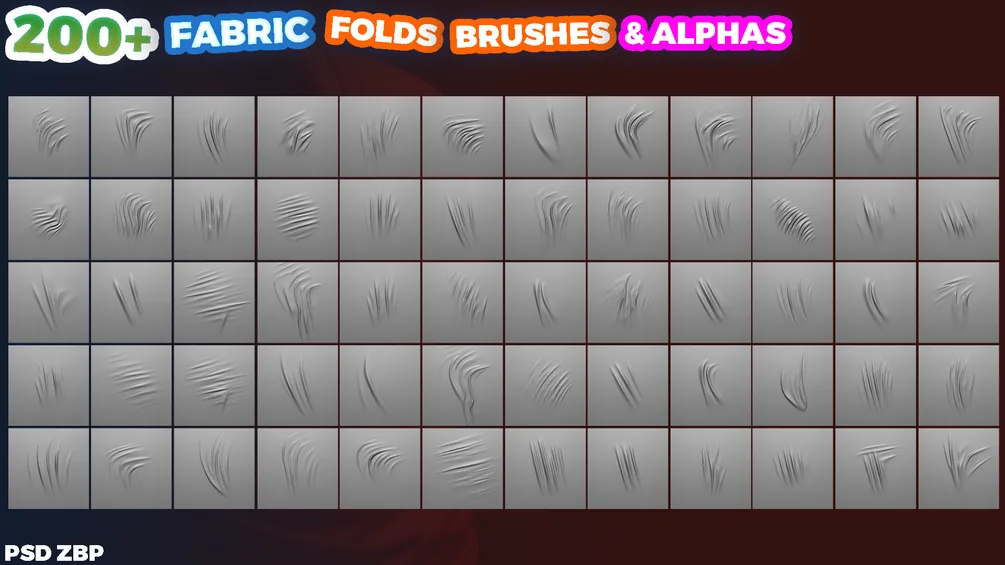 200 Brushes & Alphas for Sculpting Fabric Folds - ZBrush Toolkit preview 3