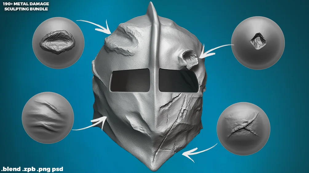 190+ Metal Damage Sculpting Brushes Bundle - For Blender, Zbrush (Alphas & Brushes)