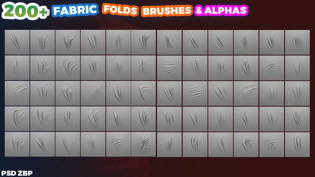 200 Brushes & Alphas for Sculpting Fabric Folds - ZBrush Toolkit preview 2