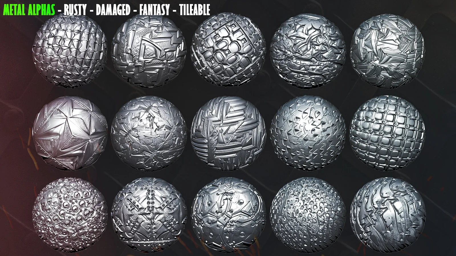 60+ Metal Alphas. Rusty Metal. Damaged Metal. Fantasy Metal. ZBrush. Blender. Tileable alphas. preview 2