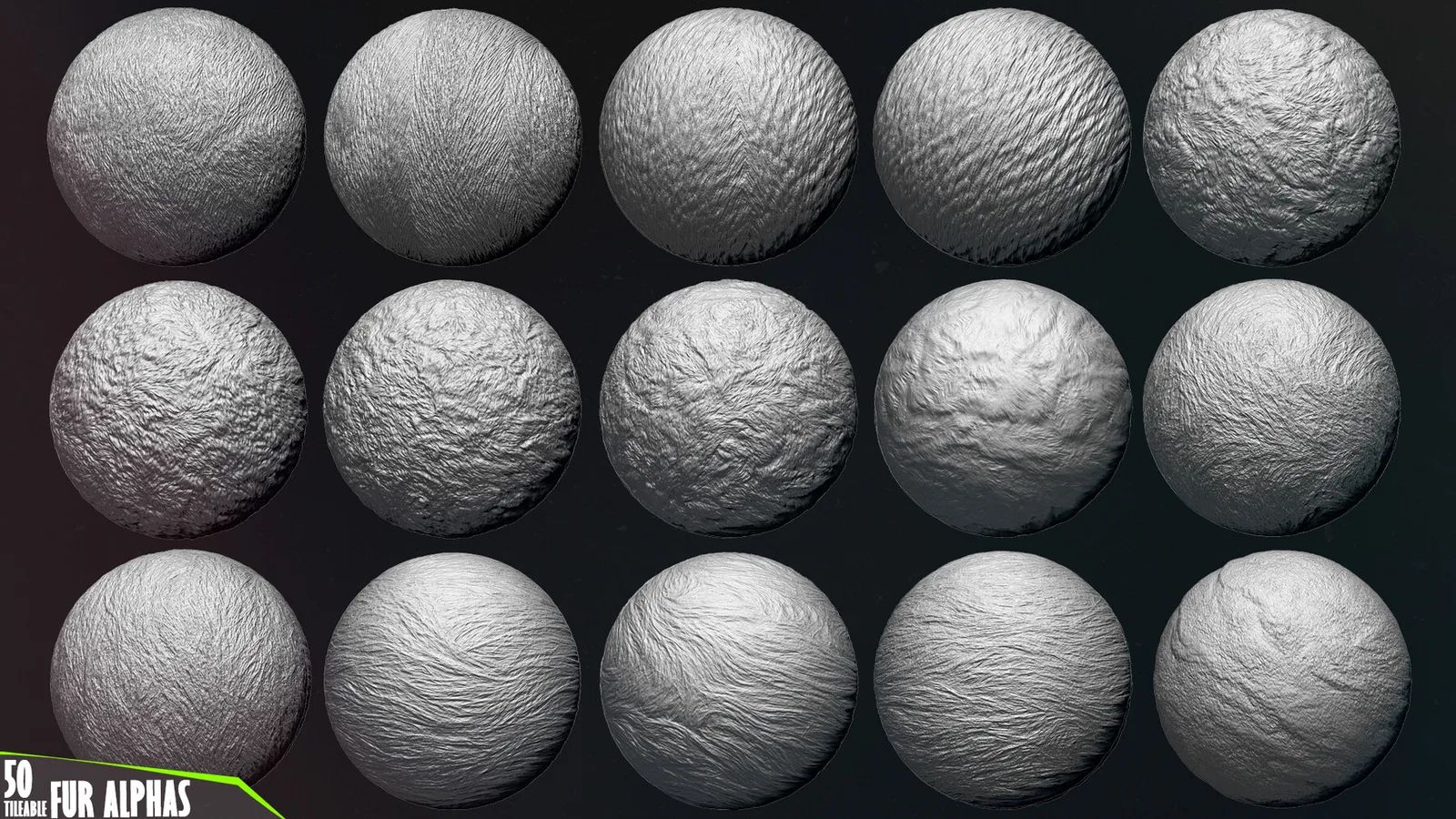 50 Fur and Hair Alphas (Tileable, Displacement Map) vol.5 for ZBrush, Substance preview 3
