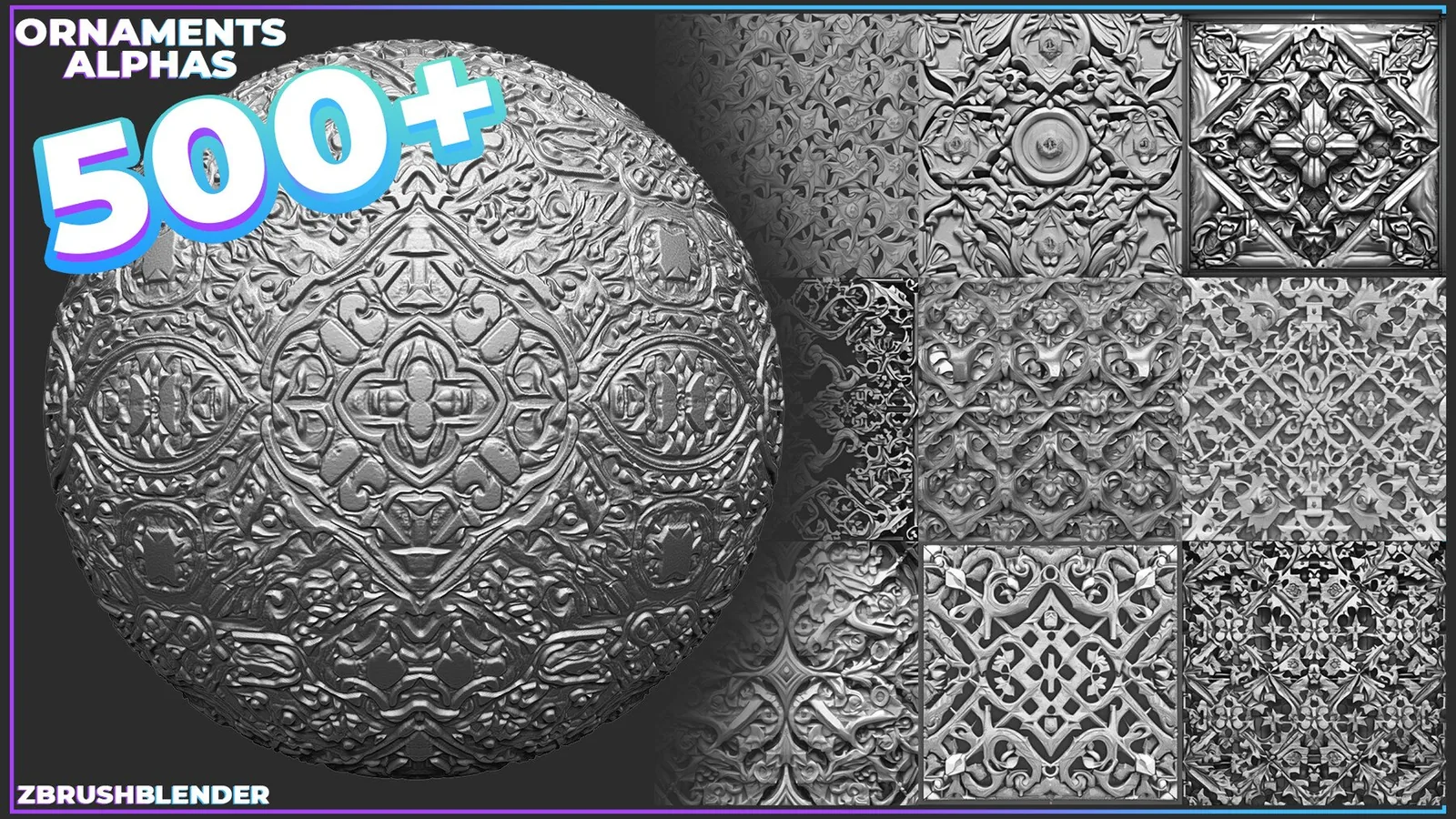 500+ Ornaments Tileable Alphas (Displacement Maps) for ZBrush, Blender, Substance Painter vol.5