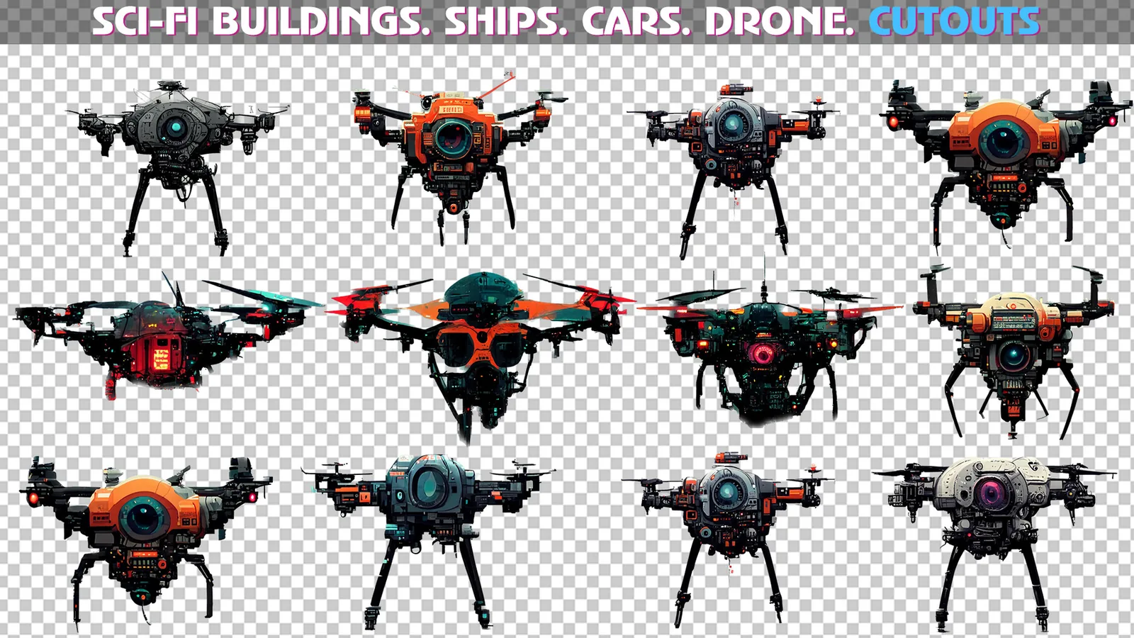 Sci-Fi Cutouts Buildings, Drone, Cars, Ships, Signboards - PNG Photo Pack preview 3
