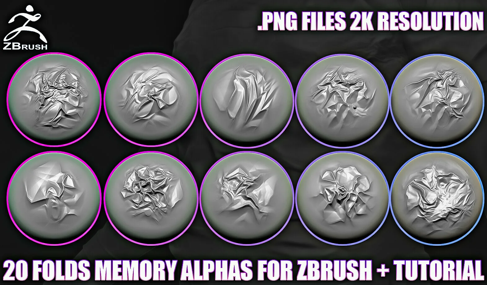 20 Folds Memory Alphas for ZBrush (2K, PNG) preview 1