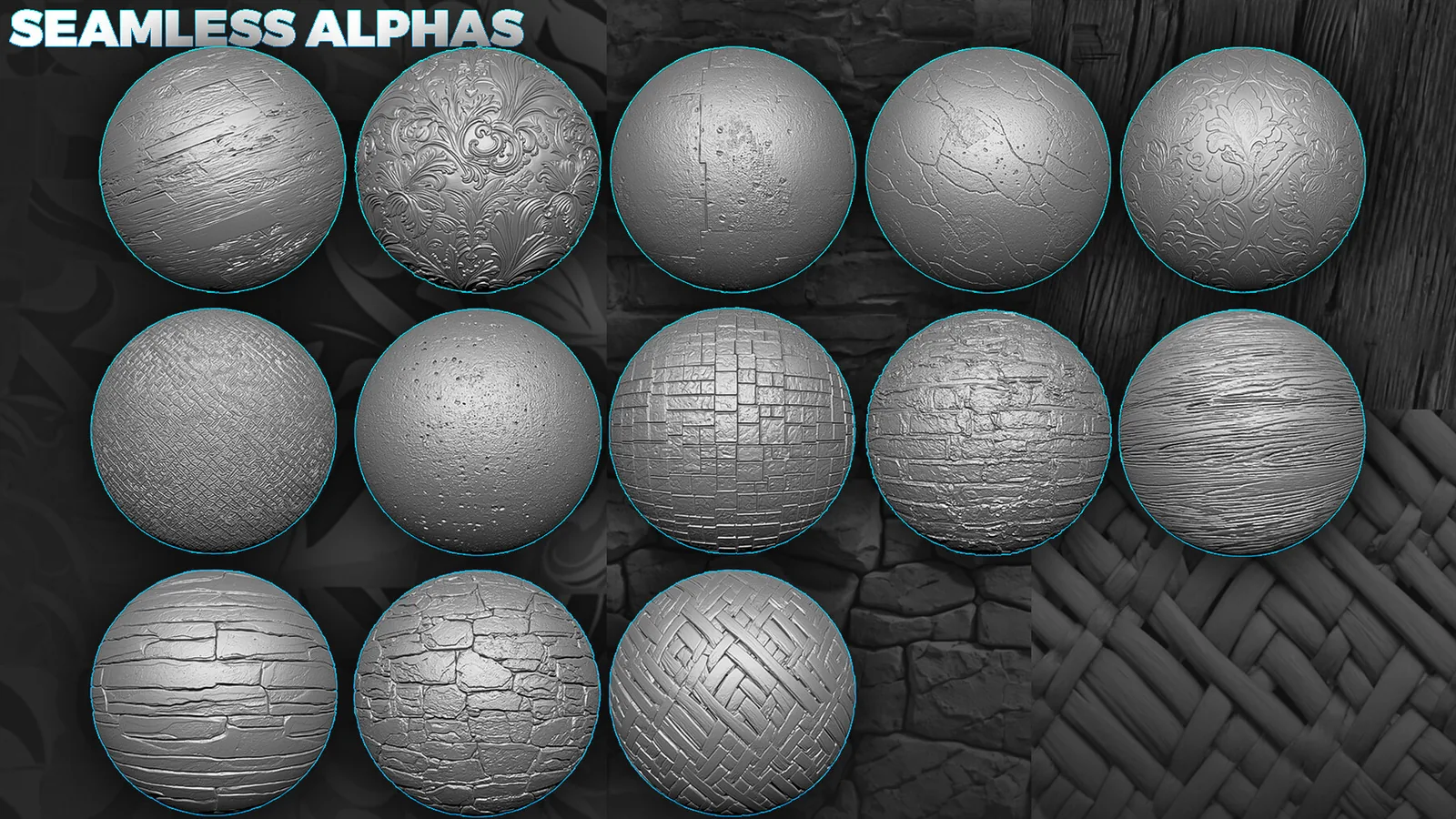 Seamless Alphas Bundle (Wood, Stones, Metal, Fabric, Ornaments and more). K Displacement Maps preview 1