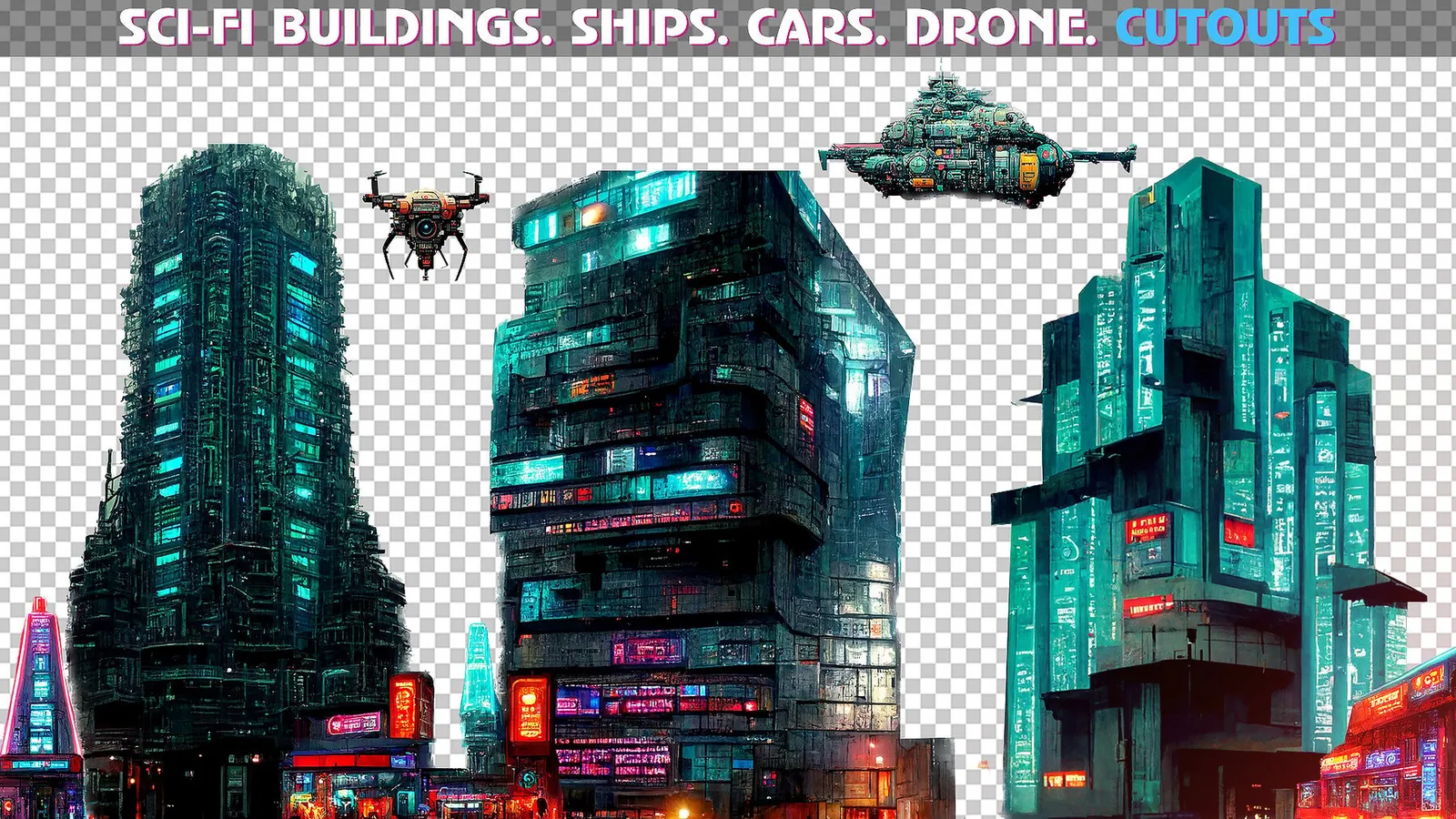 Sci-Fi Cutouts Buildings, Drone, Cars, Ships, Signboards - PNG Photo Pack preview