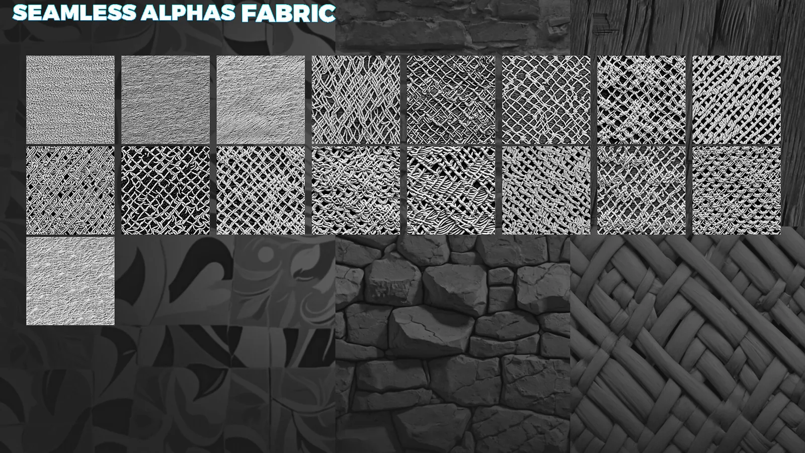 Seamless Alphas Bundle (Wood, Stones, Metal, Fabric, Ornaments and more). K Displacement Maps preview 3