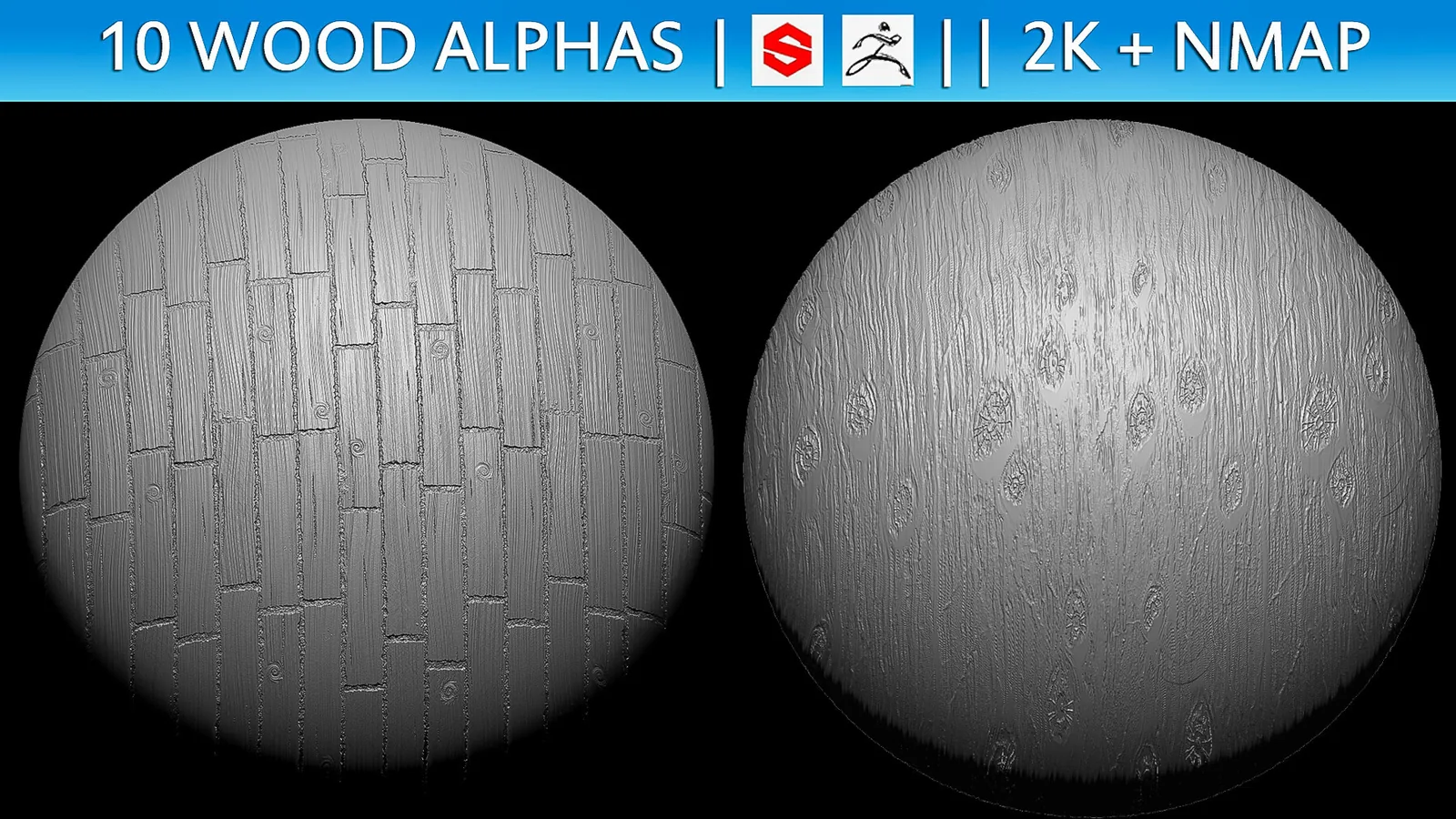 10 Wood Alphas Vol.1 (ZBrush, Substance, 2K + Normal map) preview 2