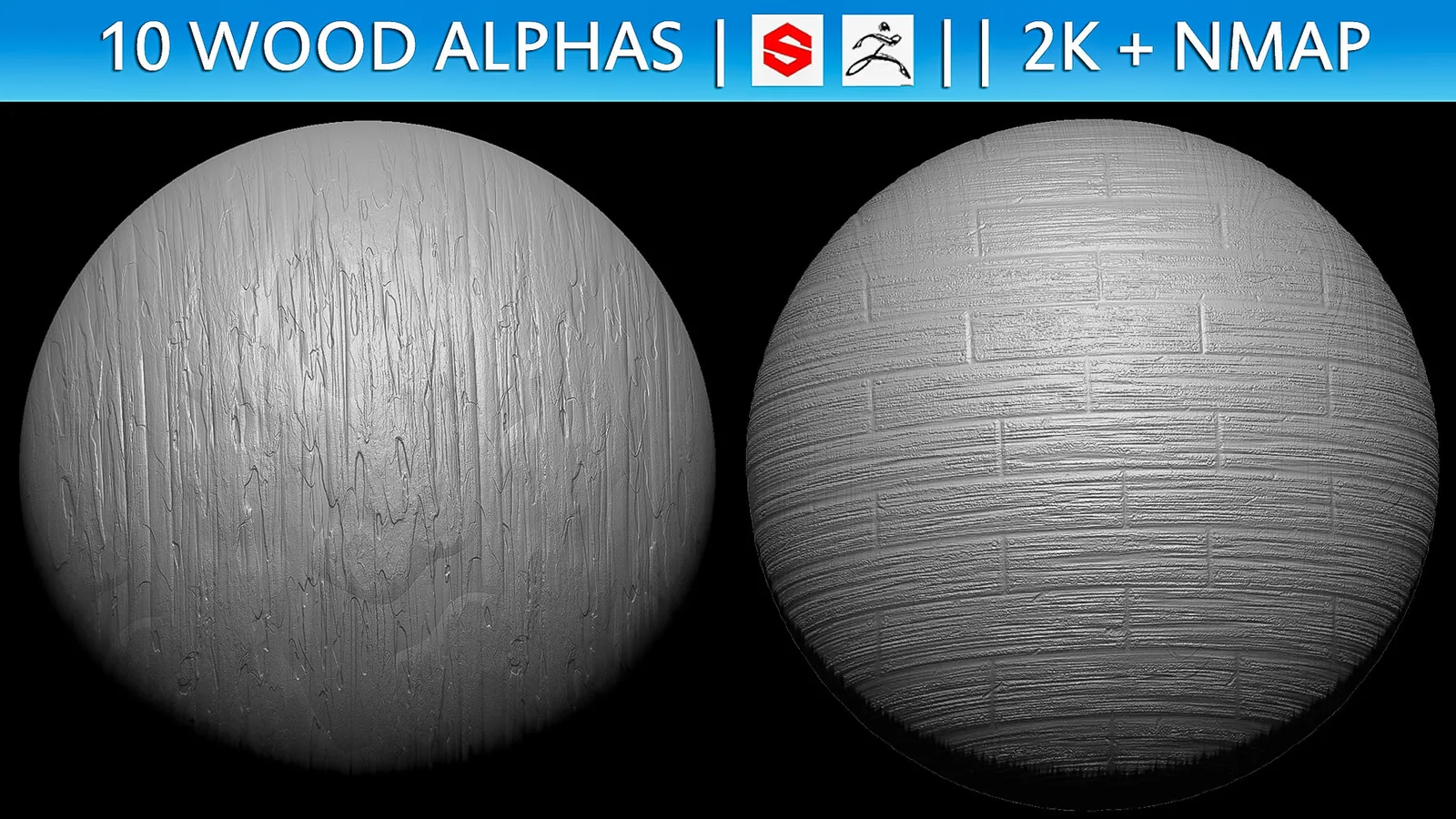 10 Wood Alphas Vol.1 (ZBrush, Substance, 2K + Normal map) preview 1